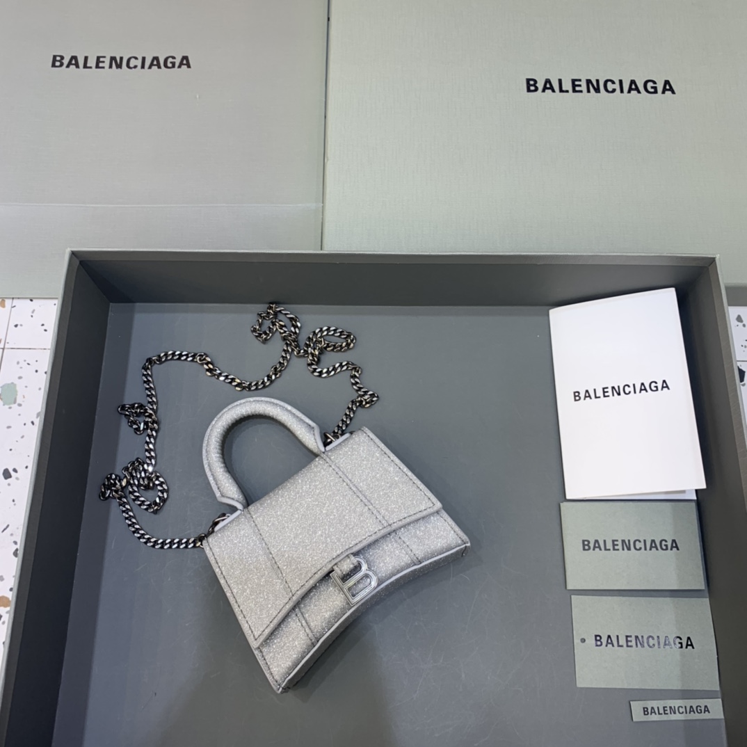 Balenciaga Hourglass Mini Handbag With Chain Calfskin Shoulder Bag Silver gray